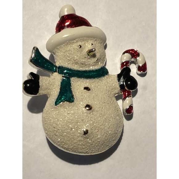 Vintage Brooch Enamel Snowman Candy Cane Pin Signed SFJ - Picture 6 of 6